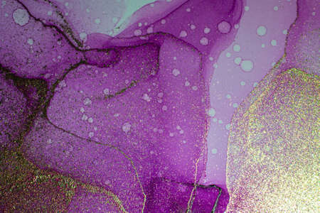 Abstract bright shiny color fluid background, hand drawn alcohol painting with golden streaks,...