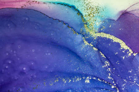 Abstract bright shiny color fluid background, hand drawn alcohol painting with golden streaks, liquid ink technique texture for high resolution backdropの写真素材