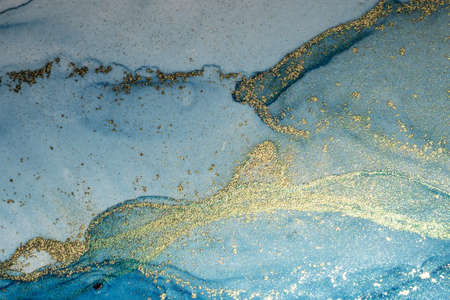 Abstract bright shiny color fluid background, hand drawn alcohol painting with golden streaks,...