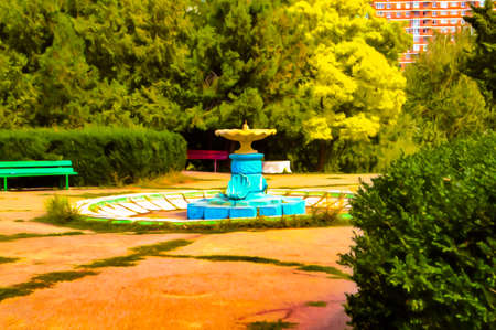 Artistic realistic illustration of summer park with lots of greenery, trees and grass on sunny bright clear dayの写真素材