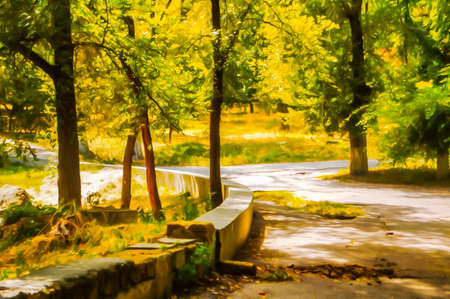 Artistic realistic illustration of summer park with lots of greenery, trees and grass on sunny...