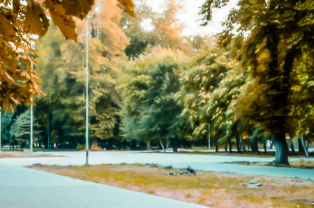 Artistic realistic illustration of summer park with lots of greenery, trees and grass on sunny...
