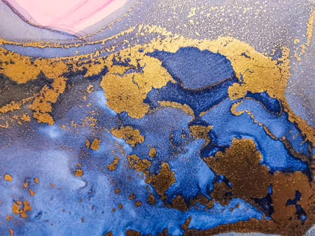 Abstract bright shiny color fluid background, hand drawn alcohol painting with golden streaks....