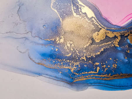 Abstract bright shiny color fluid background, hand drawn alcohol painting with golden streaks. Liquid ink technique texture for backdrop designの写真素材