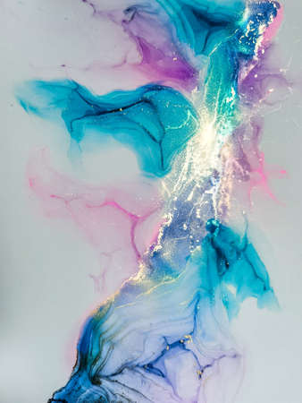Abstract bright shiny color fluid background, hand drawn alcohol art painting with golden streaks....