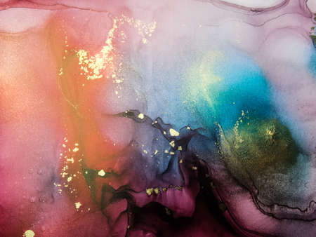 Abstract bright shiny color fluid background, hand drawn alcohol art painting with golden streaks....
