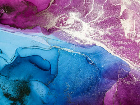 Abstract bright shiny color fluid background, hand drawn alcohol art painting with golden streaks....
