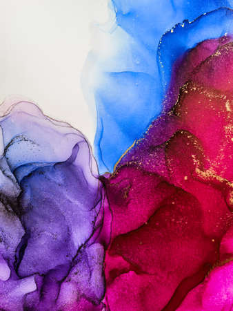 Abstract bright shiny color fluid background, hand drawn alcohol art painting with golden streaks. Liquid ink technique texture for backdrop designの写真素材