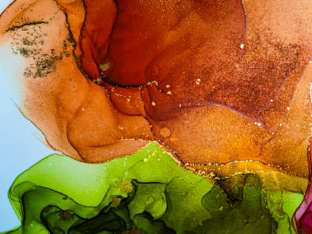 Abstract bright shiny color fluid background, hand drawn alcohol art painting with golden streaks....