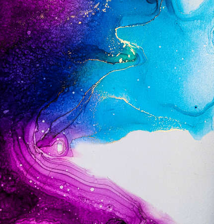 Abstract bright shiny color fluid background, hand drawn alcohol painting with golden streaks....