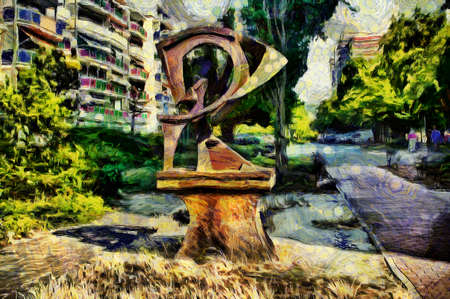 Oil painting - cityscape. Modern digital art, impressionism technique. Imitation of Vincent van Gogh styleの写真素材