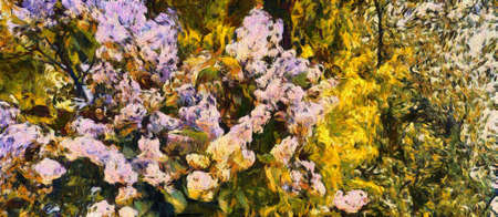 Oil painting - blooming lilac tree. Modern digital art, impressionism technique. Imitation of Vincent van Gogh styleの写真素材