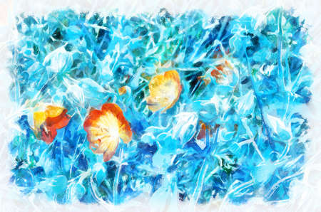 Watercolor painting of blooming flowers. Modern digital art, imitation of hand painted with aquarells dyeの写真素材
