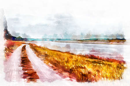 Watercolor painting of suburban landscape in bright sunny day. Modern digital art, imitation of hand painted with aquarells dyeの写真素材