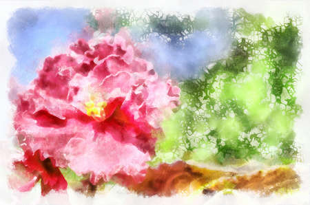 Watercolor painting of blooming flower. Modern digital art, imitation of hand painted with aquarells dyeの写真素材