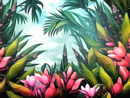 Beautiful nature floral tropical background painting on paper canvas, generative AIの素材