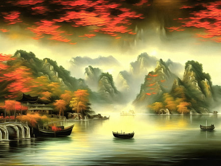 Beautiful nature landscape painting on paper canvas, generative AIの素材
