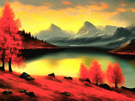 Beautiful nature landscape painting on paper canvas, generative AIの素材