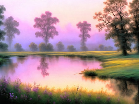 Beautiful nature landscape painting on paper canvas, generative AIの素材