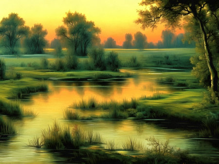 Beautiful nature landscape painting on paper canvas, generative AIの素材