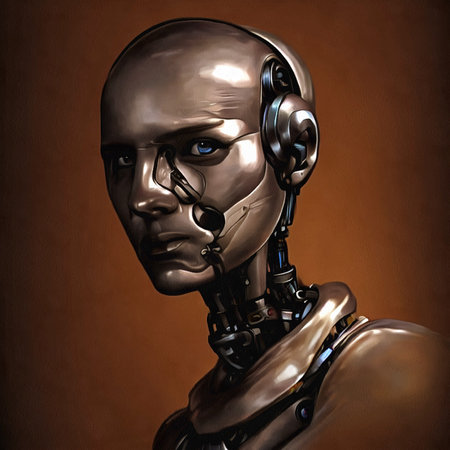 Illustration of futuristic fantastic android robot portrait painting on paper canvas, generative AIの素材