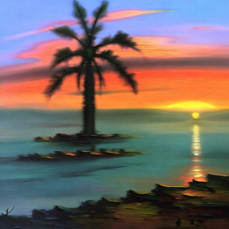 Beautiful abstract landscape painting with bright orange sunset on paper canvas, generative AIの素材