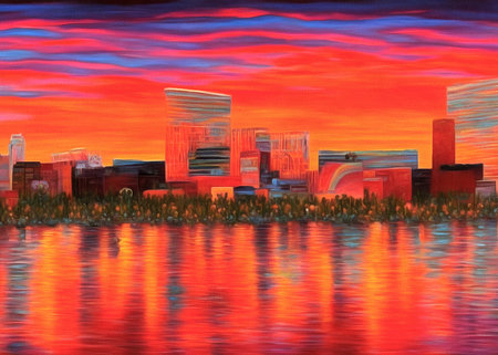 Beautiful abstract landscape painting with bright orange sunset on paper canvas, generative AIの素材