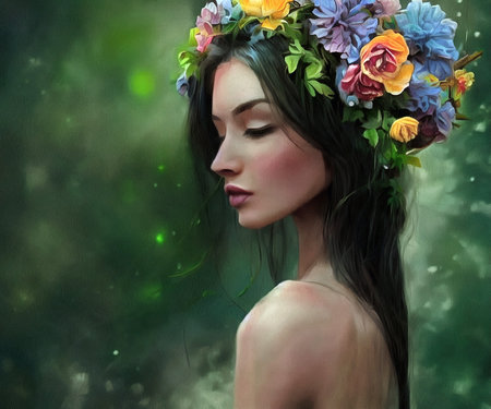 Illustration of beautiful woman with flowers in hair portrait painting on paper canvas, generative AIの素材