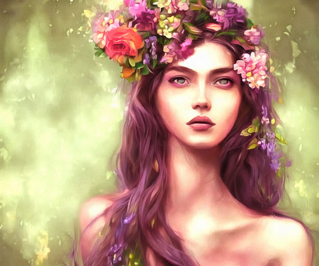 Illustration of beautiful woman with flowers in hair portrait painting on paper canvas, generative AIの素材
