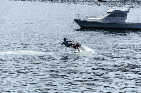 Man with flyboard in the ocean, close to Getaira cityのeditorial素材