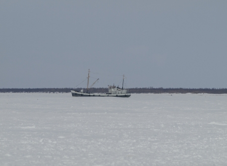 trawler on ice of the Ob riverの写真素材