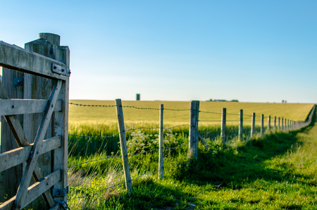 Wooden gate and fence in beautiful countryside in summerの写真素材