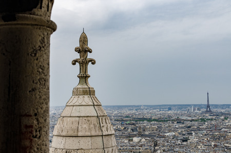 View of Paris and a distant Eiffel Tower from SacrÃ©-CÅur Basilica, Parisの写真素材