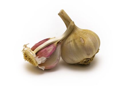 Garlic bulb and clove on a white backgroundの写真素材