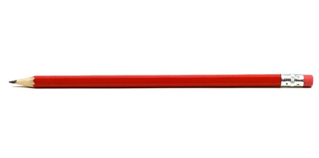 Red pencil with eraser on a white background.の写真素材