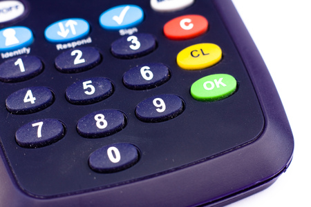 Close-up of a claculator keypad on a white background