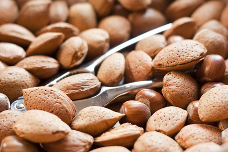Almonds and hazlenuts with a pair of nutcrackers