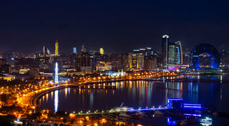 Night view of bay in Baku from the observation deckの写真素材