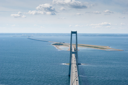 An aerial view of the Great Belt Bridge in Denmarkの写真素材