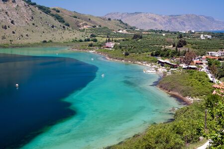 Promenade on a catamaran on the lake of Kournas, Crete, Greeceの写真素材