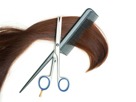 Scissors Hairbrush And Lock Of Hair Isolated On White Background