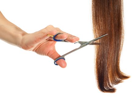 Hand with professional scissors cutting brown hair の写真素材