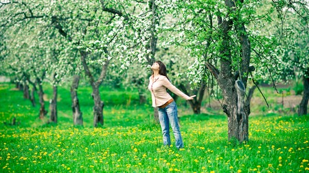 Young woman smelling apple flowers in the gardenの写真素材