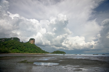 Low tide on the west Railay beach, Thailandの写真素材