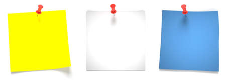 Three multicolored note papers attached with red pinsの写真素材