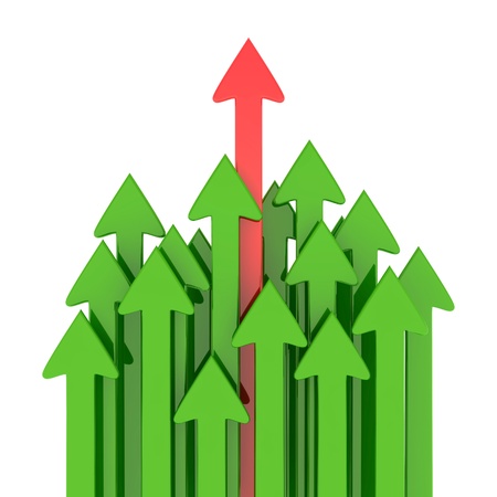 Red arrow ahead of green arrows isolated on the white backgroundの写真素材
