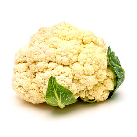 Cauliflower with green leaves isolated on the white backgroundの写真素材