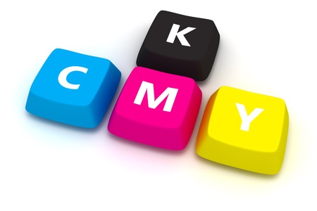 Computer keybord with letters CMYK isolated on the white backgroundの写真素材