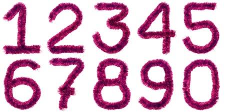 Digits made of violet tinsel isolated on white backgroundの写真素材