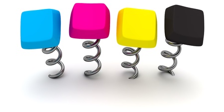 Four computer keys in CMYK colours on springsの写真素材